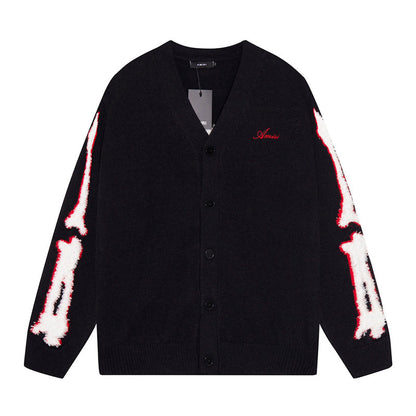 AMIRI Cotton V-Neck Bones Cardigan Sweater Black