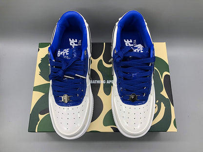 A BATHING APE Bape white & navy patent leather sneakers