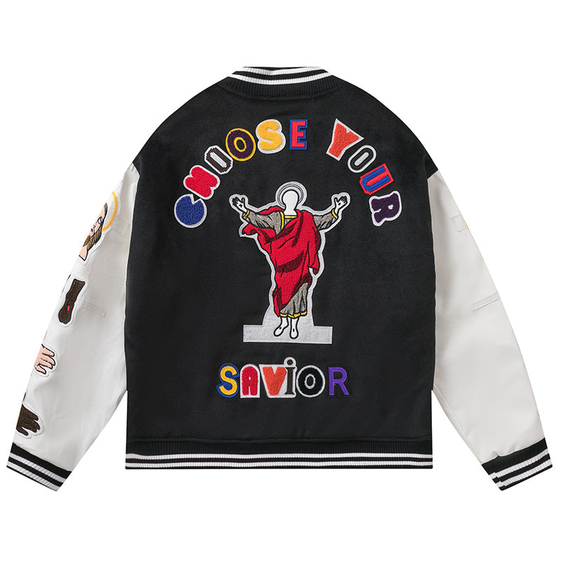 Saint Michael Loose Baseball Jacket With Embroidered Badge -Black