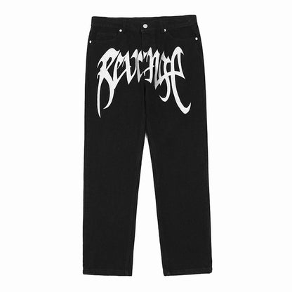 Revenge Embroidered Logo Trousers Mid Rise Jeans