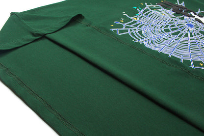 Sp5der Spider Web Print Gothic Punk T-Shirt Green