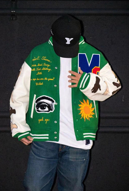 Saint Michael Loose Baseball Jacket With Embroidered Badge-Green