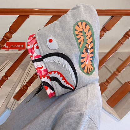 BAPE Double-hat Big Camo Shark Hoodies Grey