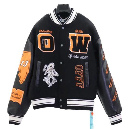 Off-White Embroidered Leather Varsity Jacket