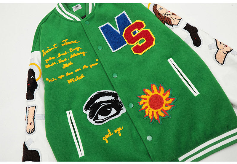 Saint Michael Loose Baseball Jacket With Embroidered Badge-Green