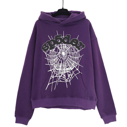 Sp5der Web Print Gothic Punk Hoodie-Purple #143