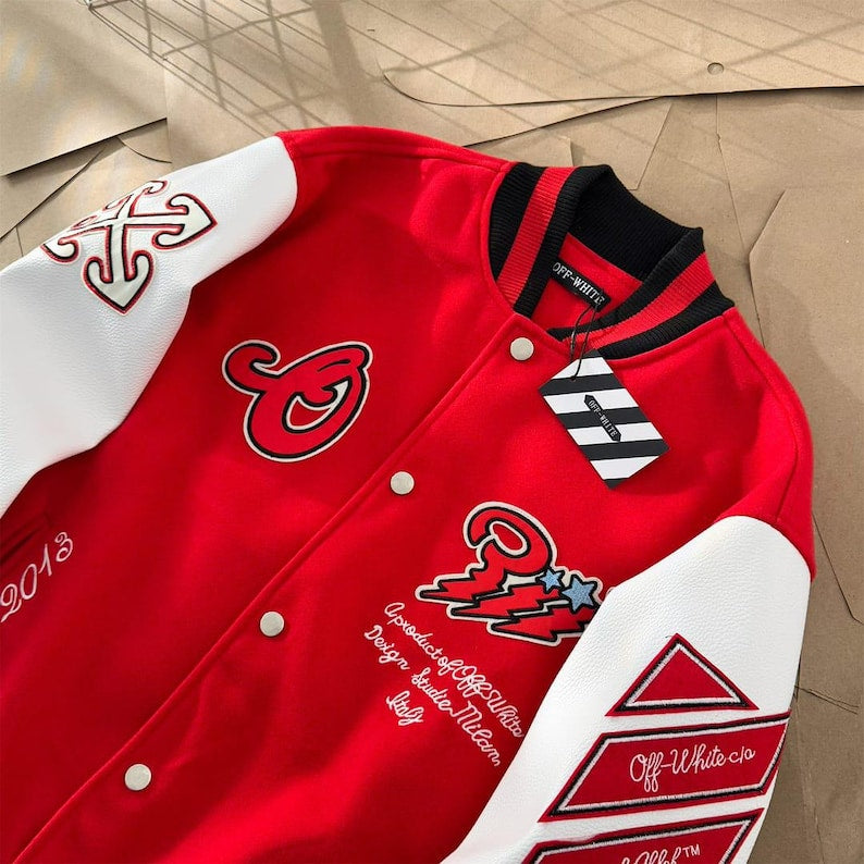 🔥 Off-White Red Varsity Jacket: Iconic Style, Bold Design 🔥