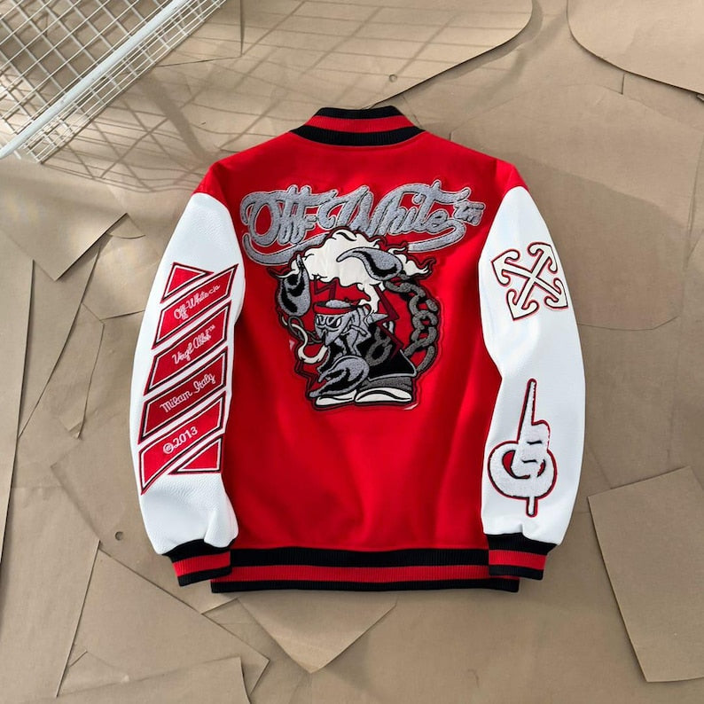 🔥 Off-White Red Varsity Jacket: Iconic Style, Bold Design 🔥