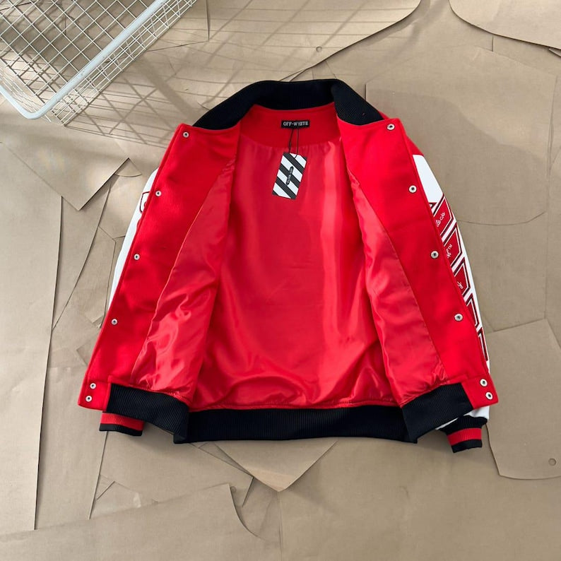 🔥 Off-White Red Varsity Jacket: Iconic Style, Bold Design 🔥